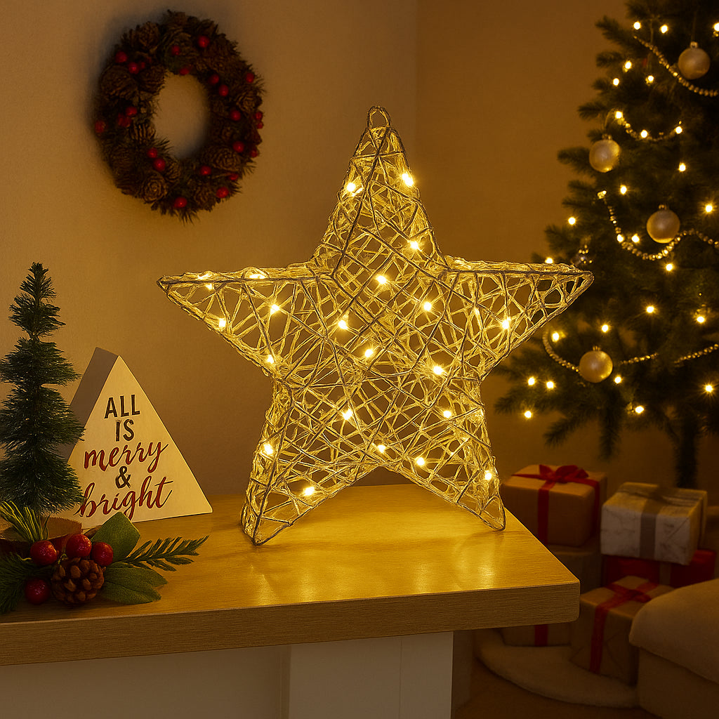 Christmas LED Star Decoration Light up Large Home Decor Gold Xmas Lighting 30Cm