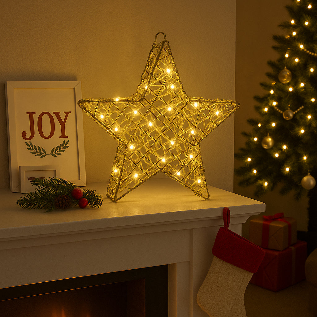 Christmas LED Star Decoration Light up Large Home Decor Gold Xmas Lighting 30Cm