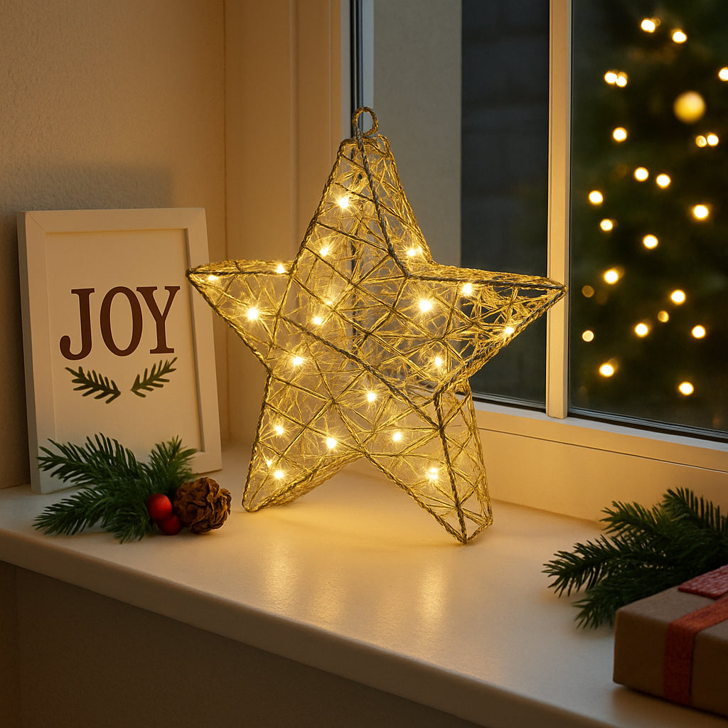 Christmas LED Star Decoration Light up Large Home Decor Gold Xmas Lighting 30Cm