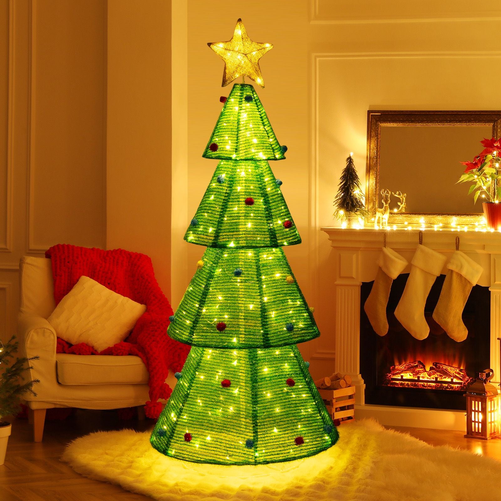 190 CM Lighted Collapsible Christmas Tree with 200 LED Warm Light