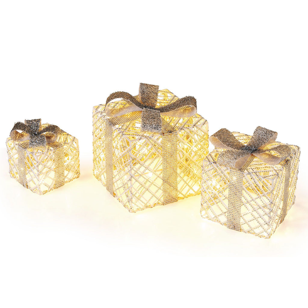 Set of 3 Christmas Lighted Gift Boxes with Bows and Ground Stakes