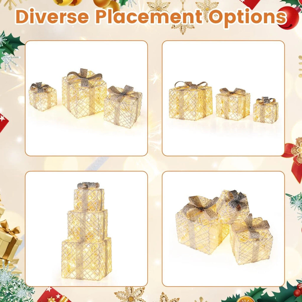 Set of 3 Christmas Lighted Gift Boxes with Bows and Ground Stakes