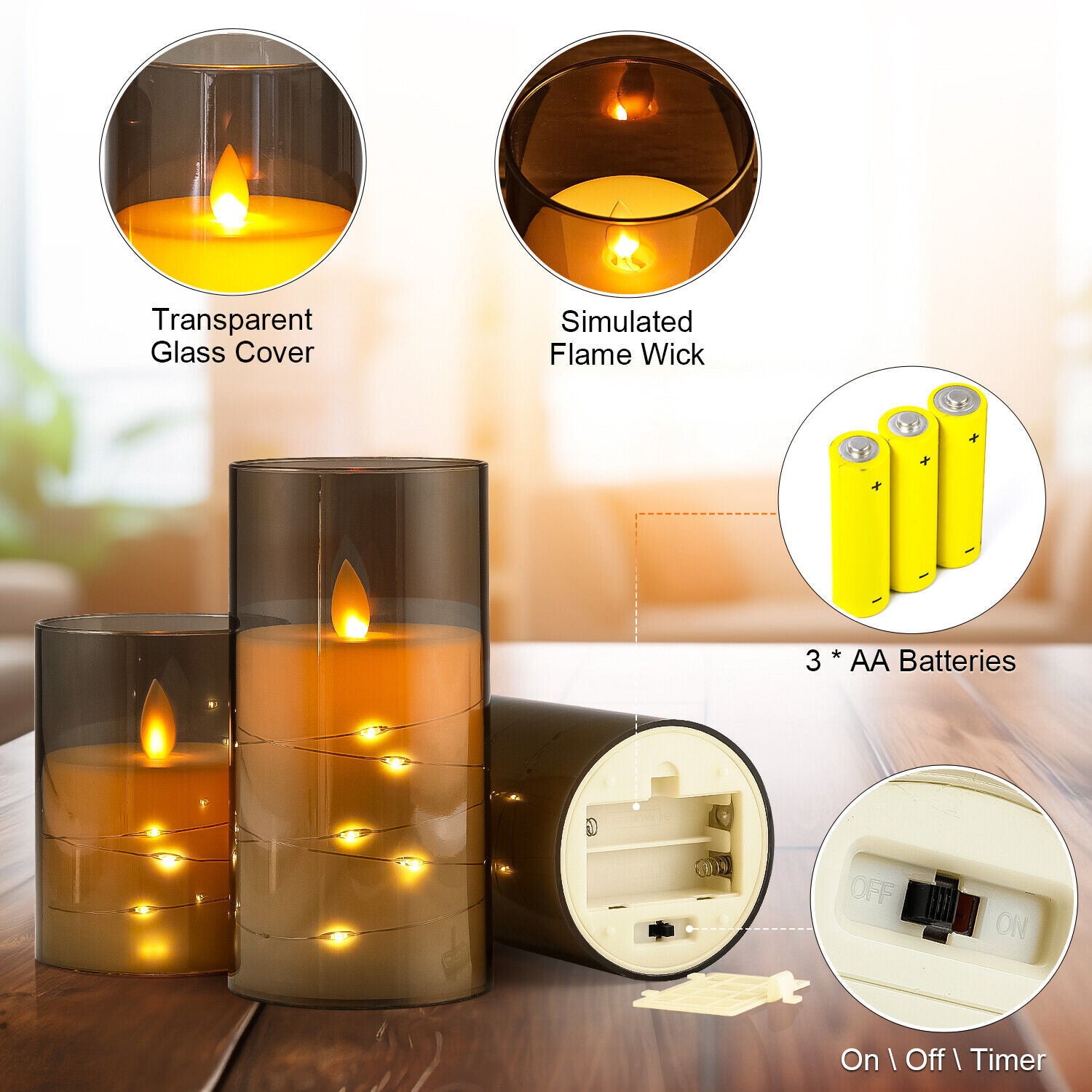 Pack of 3 Flameless Flickering Candle with Remote Realistic LED Fake Candles