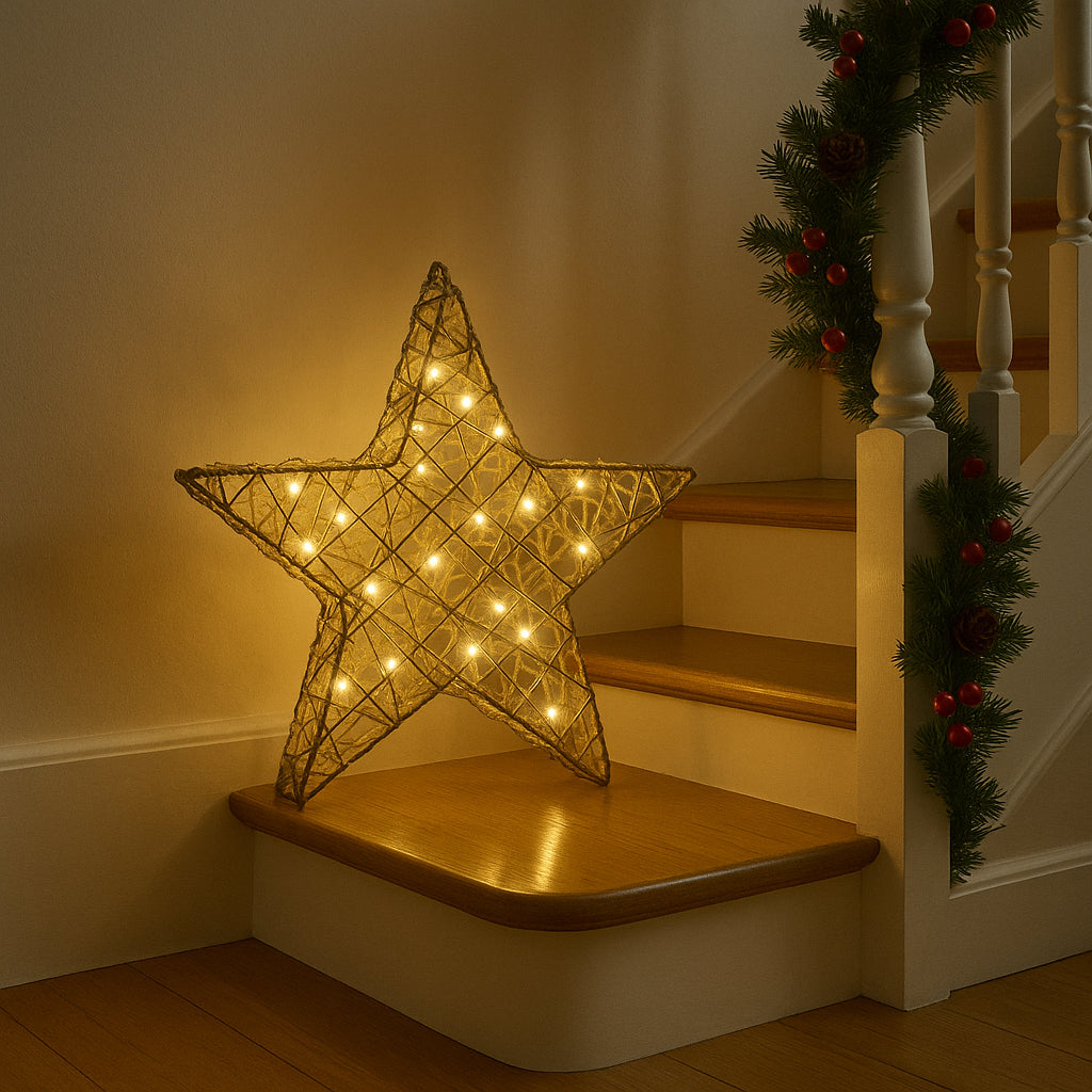 Christmas LED Star Decoration Light up Large Home Decor Gold Xmas Lighting 30Cm