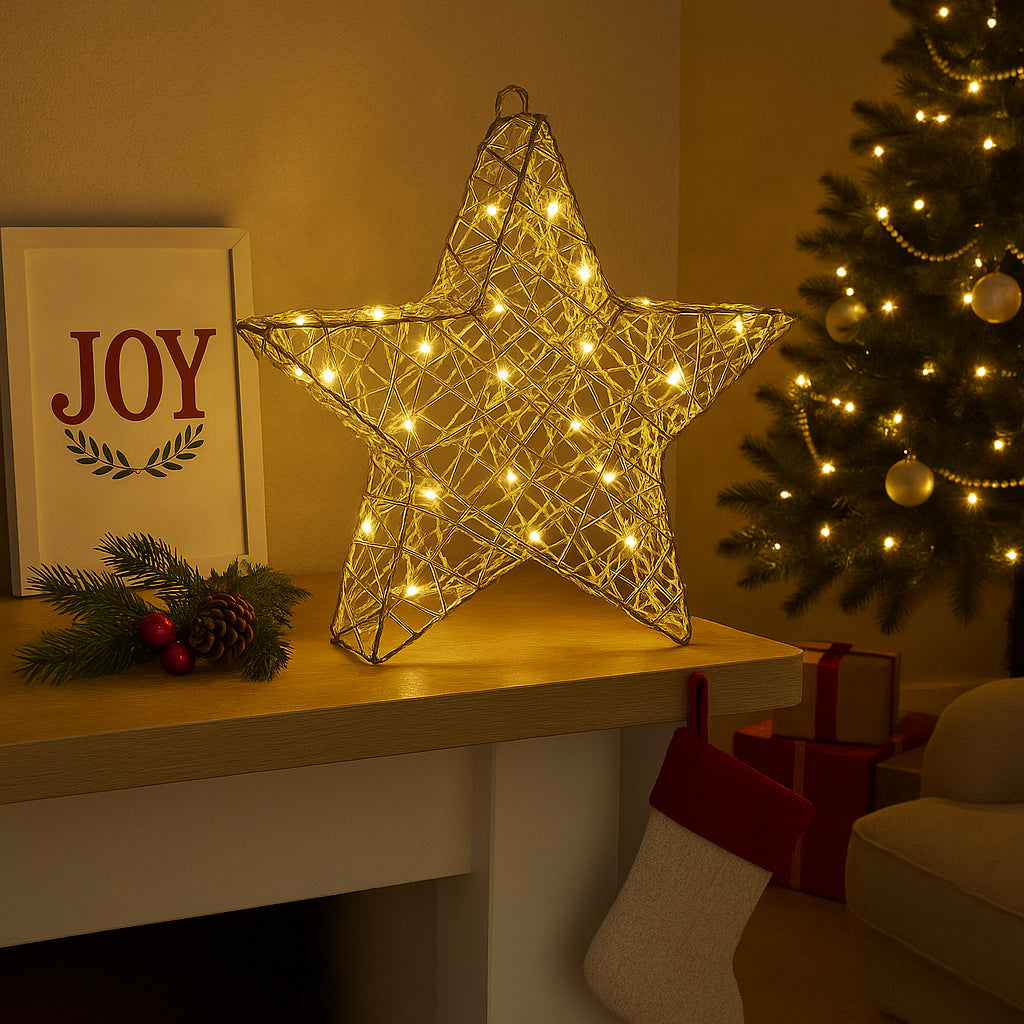 Christmas LED Star Decoration Light up Large Home Decor Gold Xmas Lighting 30Cm